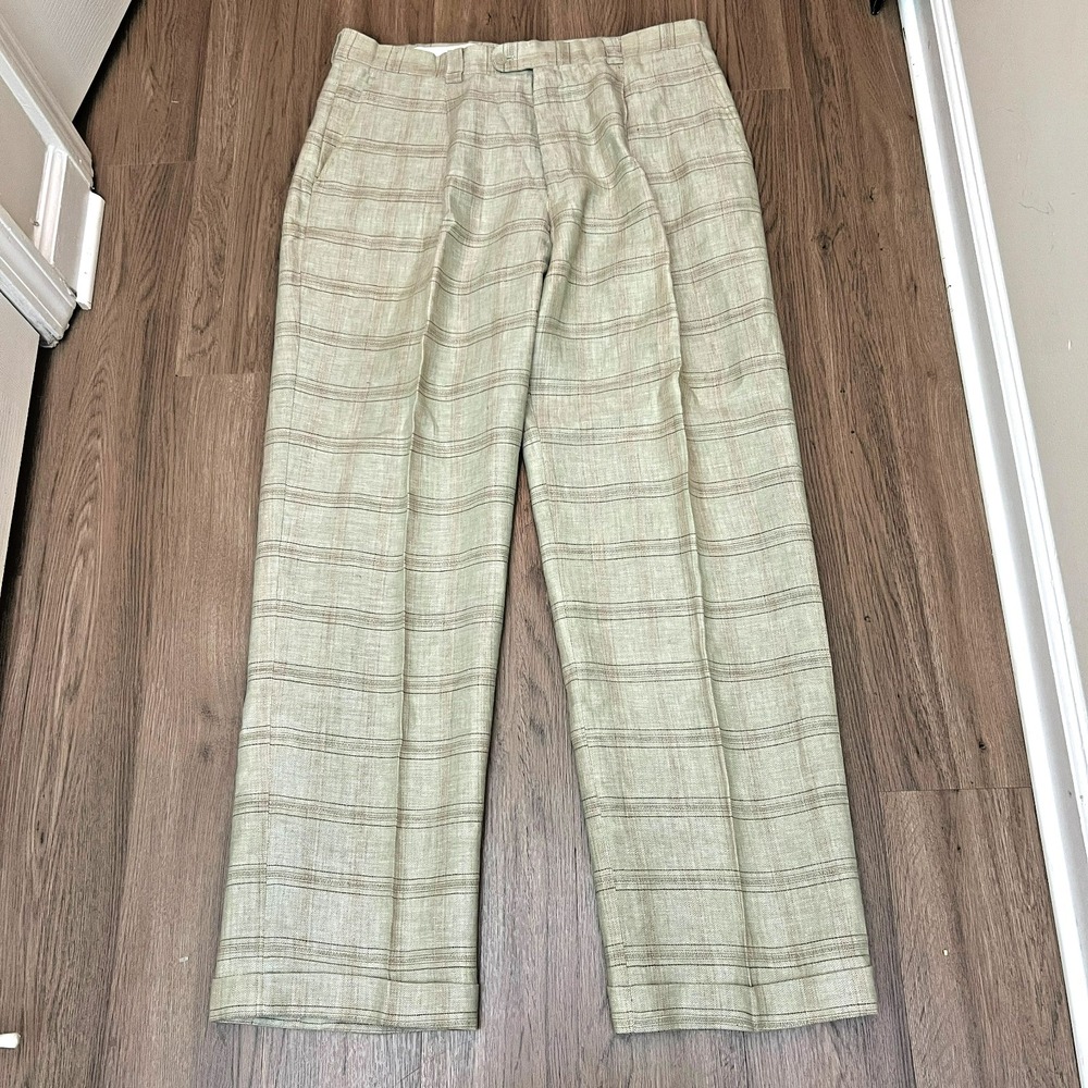 Inserch 100% Linen Sage Green Windowpane Plaid Herringbone Pants Cuff 40L